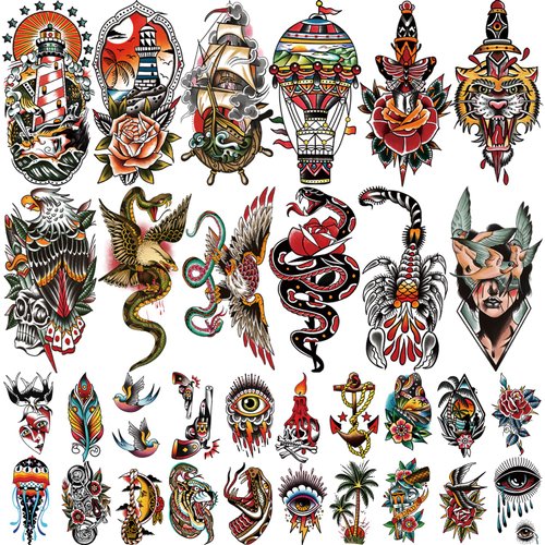 Classic 77 Sheets Temporary Tattoo, 17 Sheets Half Arm Shoulder Fake Tattoos, 60 Sheets Tiny for Womens Men Sailor Snake Vintage Roses Butterflies Skull Eagle Waterproof Tattoos Stickers for Kids Girls Boys