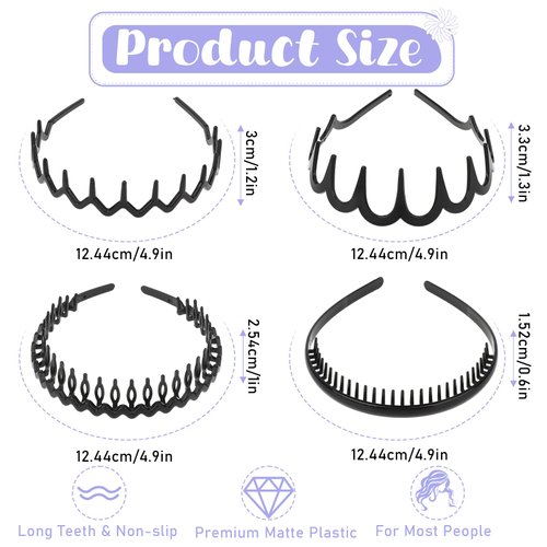 WY LIGHTING LEVEL 6Pcs Fashion No Slip Effortless Plastic Headbands with Teeth Comb Black Skinny Hair Bands Outdoor Sports Headbands Unisex Simple Hair Accessories for Women Men Teen Girls