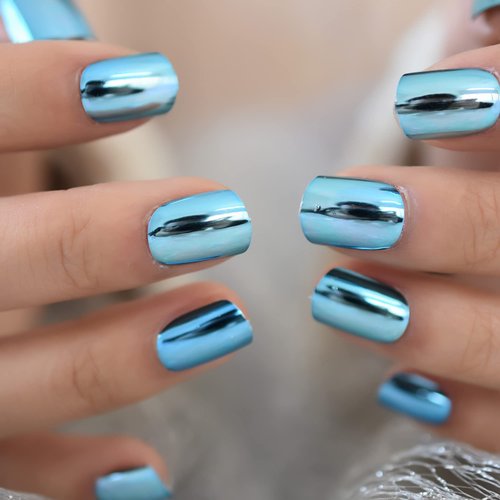 iMABC Shiny Glossy Shiny Dark Blue Press On Nails Oval Medium Lenght Nails Salon Manicure Gel Shimmery Nail Art Tips Fake Nals Reusable Acrylic False Nails Stick On Nails for Women Girls