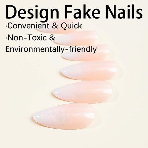 RUOKEXIN Press on Nails Almond Short Fake Nails with Glue Pink White Ombre Acrylic False Nails with Designs Glossy Artificial Nail Press ons Reusable Natural Stick on Nails for Women Fingernails Set