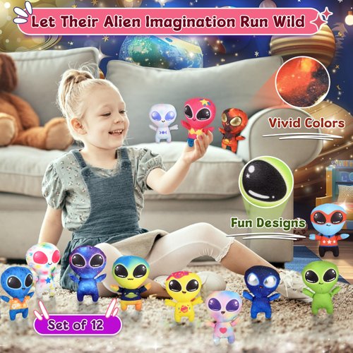 Forest & Twelfth 5" Alien Plush Toys 12 Unique Plush Toys, Soft and Unique Alien Figure Toys for Imaginative Play, Party Decor, Party Favors, Safe for All Ages (12 Pack)