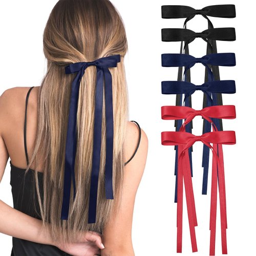 6Pcs Hair Ribbons for Women Hair Clips Tassel Ribbon Bowknot With Long Tail Solid Hair Ribbon for Girls (Red/Black/Navy)