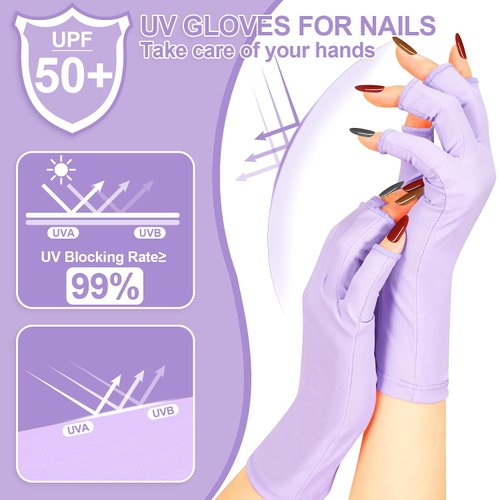 chemotex UV Nail Gloves, Professional UPF50+ Protection UV Gloves for Gel Manicures, Art Skin Care UV Gloves for Gel Nail Lamp, Fingerless Gloves for Protect Hands from Harm, Purple