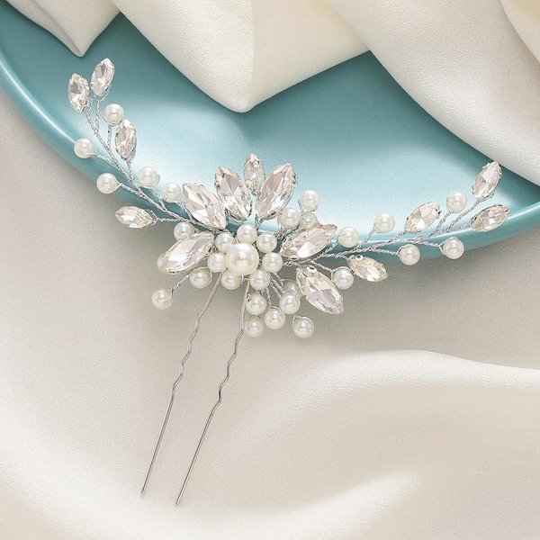 Unicra Bride Wedding Crystal Hair Pins Pearl Bridal Hair Pieces Silver Wedding Flower Hair Accessories for Women and Girls (Silver)