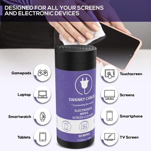 Swanky Cables Screen Cleaner Wipes: Electronic Wipes for Screens - Computer Screen Wipes for Lens, Phone, Tv Screen and Monitor Cleaning - Tech Wipes & Microfiber Cloth (Canister, 100 Count)