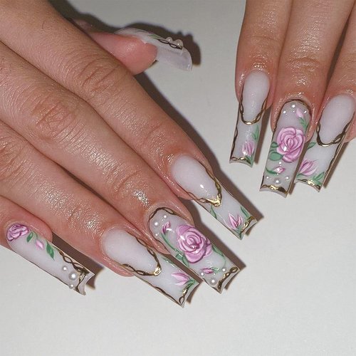 SINHOT Square Press on Nails Long Squoval Fake Nails Glossy Glue on Nails Rose Acrylic Nails Gold Line Artificial Nails White Pearls Stick on False Nails with Design 24 pcs