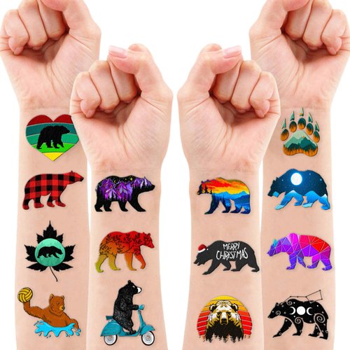 Grizzly Bear Temporary Tattoos - Canada Bear Stickers Brown Bear for Kids' Birthday Party Supplies, Decorations, and Favors, Rocky Mountains Themed, Cute Gifts for Boys and Girls, Ideal Prizes (96PCS)