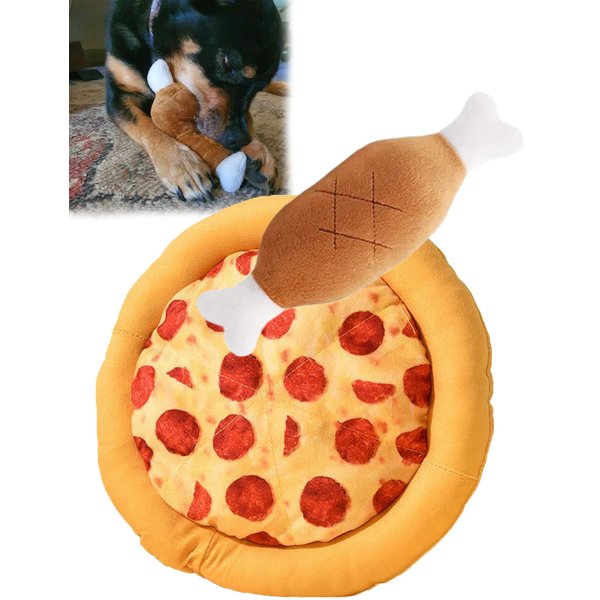 DIYUQISHI Puppy Toys - Cute Squeaky Pet Toys for Teething, Plush Chew Toys for Small Dogs, Puppy Playset with Pizza & Bone