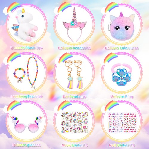 Unicorn Plush Toys Kit Girls Gift for Girls Stuffed Animal Toy/Purse/Ring/Glasses/Necklace/Bracelet/Decal/Earrings/Tiara Fun and Engaging Christmas Birthday Gifts Idea for Girls Toys Age 5 6 7 8 9 10
