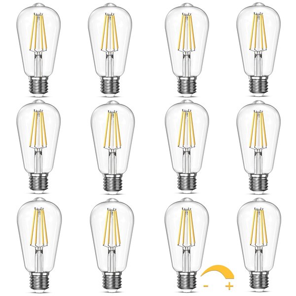 Dimmable Edison LED Bulbs 60 Watt Equivalent, 6W, Antique E26 LED Bulb 60 Watt Clear Light Bulbs, 2700K Soft Warm White Light LED Bulbs ST64 with 750LM, CRI 85+, E26 Medium Base,12Packs