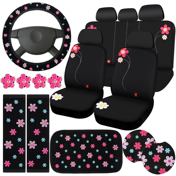 BBTO 19 Pcs Embroidery Cute Flower Car Accessories Set Include Car Seat Covers, Steering Wheel Cover, Car Air Vent Clips, Car Cup Mats, Center Console Pad, Seat Belt Cover for Girl Women Car Decor