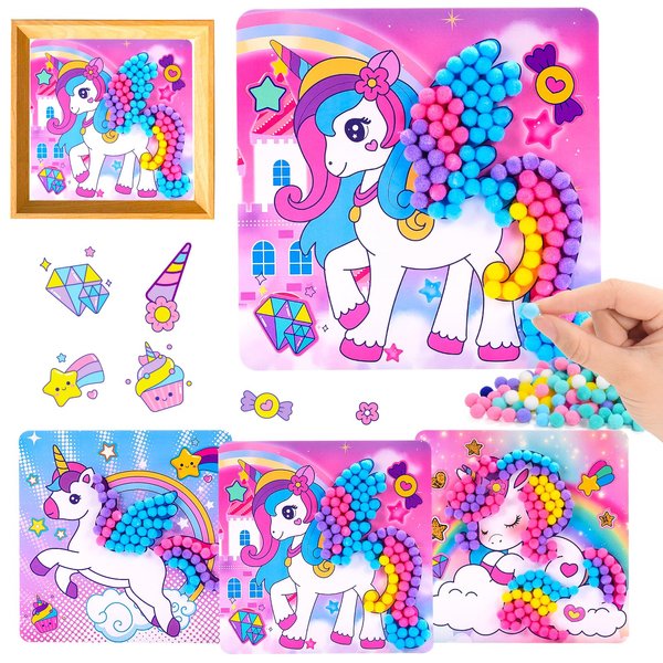 Windidi Girls Gifts Pom Pom Crafts 3PCS 7.9-Inch, Pom Pom Art Kit & Crafts for Kids Ages 2-4 4-8 6-8, Toddler Crafts Kits Art Projects, DIY School Supplies Kit, Birthday Christmas Gifts (Unicorn Set)
