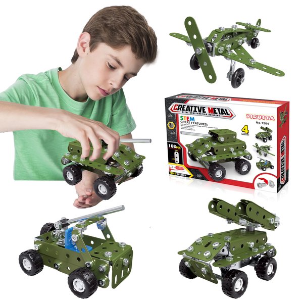 4 in 1 Metal Military Truck STEM Building Projects Metal Army Toys Model Car Kits Set for Boys Age 8-12 Assembly Engineering STEM Kits or Kids 6-8 Engineering Gifts Toys for Ages 14 and Up Adults