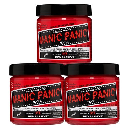 MANIC PANIC Red Passion Hair Dye – Classic High Voltage - (3PK) Semi Permanent Hair Color - Glows in Blacklight - Medium Strawberry Red Shade With Pink Tint - Vegan, PPD & Ammonia Free
