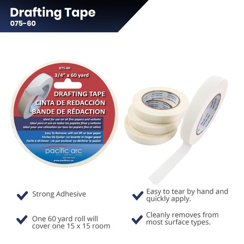 Pacific Arc Drafting Tape, 3/4 in. x 60 yd. roll. Multiple Uses and Surfaces. Easy Removal, Residue Free. Office, Drafting, Painting, Art or Home use.