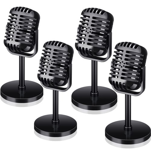 Zubebe 4 Pcs Microphone Props Retro Vintage Plastic Microphone Fake Microphone Pretend Mic Centerpiece for Cosplay Podcast Event Rock and Roll Hip Hop Music Party Decorations(Black)