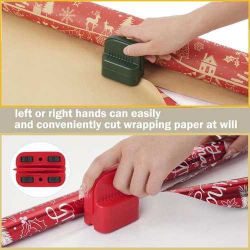 2Pcs Wrapping Paper Cutter, Gift Wrap Cutter with 2 Replaceable Blade 4 Wheels Compact Christmas Gift Wrapping Paper Roll Cutter Tool Green,Red