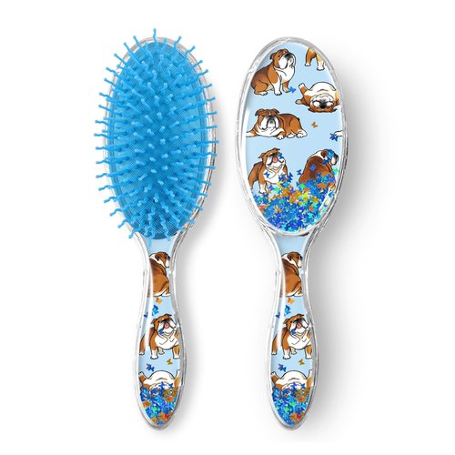 WIRESTER Oval Glitter Hair Brush For All Hair Types, Comb Hair Brush for Girls Women, Detangle Hairbrush Suitable for Wet and Dry Hair - English Bulldog Funny Playful Postures