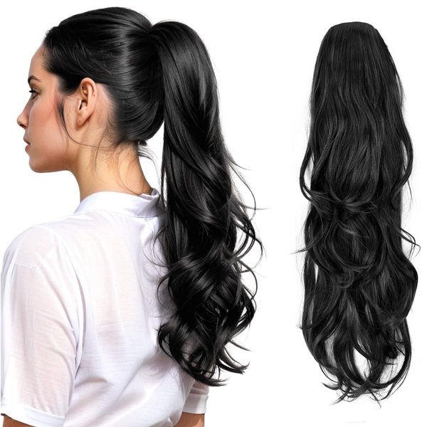 Adancyler Ponytail Extension, 26" Drawstring Ponytail for Women Long Wavy Layered Hair Extension Synthetic Hairpiece Pony Tails for Women(Black)
