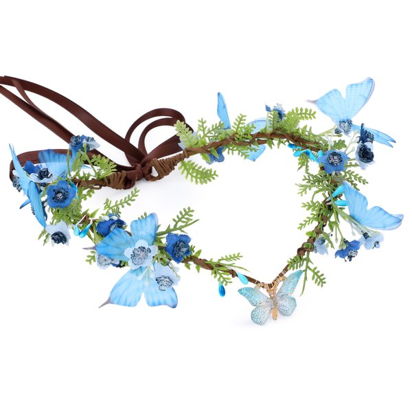 MOSTORY Blue Butterfly Flower Crown - Handmade Fairy Headpiece Floral Tiara Spring Woodland Circlet for Women Girls Wedding Renaissance Cosplay Party Festival
