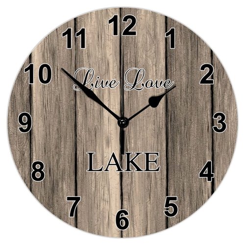 Funny Wood Wall Clock Live Love Lake Time Easy to Read Easy to Use Wall Clock Rural Round Wood Clock for Lake House Deck Office Kitchen Country Wall Decor Wall Decoration