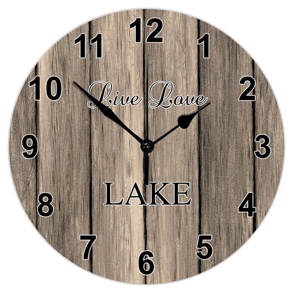 Funny Wood Wall Clock Live Love Lake Time Easy to Read Easy to Use Wall Clock Rural Round Wood Clock for Lake House Deck Office Kitchen Country Wall Decor Wall Decoration