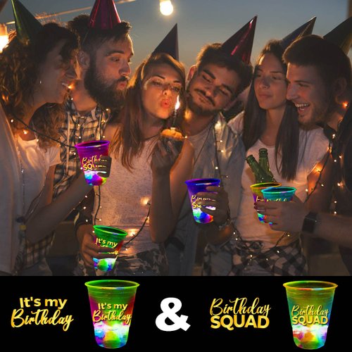 mishunyus 24 Pcs Glow Birthday Party Supplies,Birthday Squad Party Cups,Birthday Decorations Party Favor for 21st 30th 40th 50th 60th Night Event,16oz Cups(Birthday Squad & It's My Birthday)
