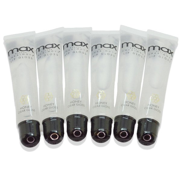 Max Makeup Cherimoya 6 Set of Honey Clear Jelly Ultra Shine Lip Gloss Polish lipstick & Zipper Bag, Beige