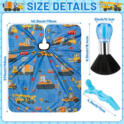 Axbvok9Uconie Barber Cape Duster Brush - Kids Hair Cutting Set Blue Construction Car Theme Hairdressing Adjustable Snap Closure Neck Cape with Clip Kit Salon Barber Supplies for Children Boys Girls