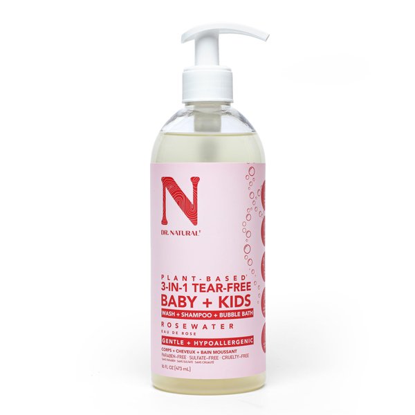Dr. Natural 3-in-1 Tear-Free Baby Plus Kids Soap, Rosewater, 16 oz - Plant-Based Baby Shampoo and Body Wash - Sulfate and Paraben-Free - Hypoallergenic for Sensitive Skin - Infused with Essential Oils