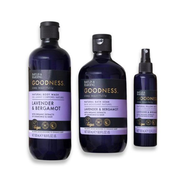 Baylis & Harding Body, Bath, and Pillow Set | Lavender & Bergamot | Luxury Bath Soak, Body Wash, and Pillow Mist with Relaxing Mood Boosters to Enhance Sleep | 3 Pack