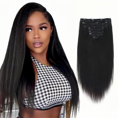 Sixstarhair Clip in Hair Extensions Black Women Italian Virgin Hair Natural Black Double Weft 7 Pieces with 17 Clips Real Human Hair Extensions Clip ins Yaki Straight 120Grams 22 Inch