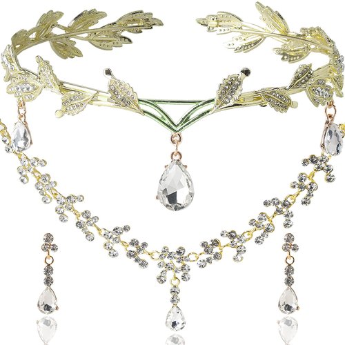 DS Rhinestone Wedding Tiara Crown for Brides，3-pack Tiara Earrings Necklace Bridal Jewelry Set，Goddess elf Princess Fairy Crystal Pendent Headband Cosplay Crown Accessory for Wedding Prom-gold 1