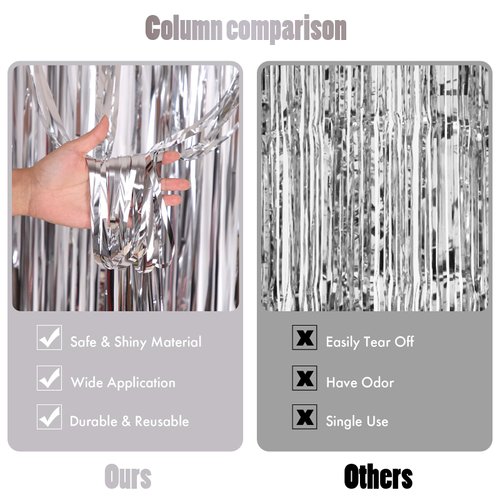 CANREVEL 2 Pack 3.3x8.2 Feet Silver Foil Fringe Backdrop Curtains, Tinsel Streamers Birthday Party Decorations, Fringe Backdrop for Graduation, Baby Shower, Happy New Year, Disco Party