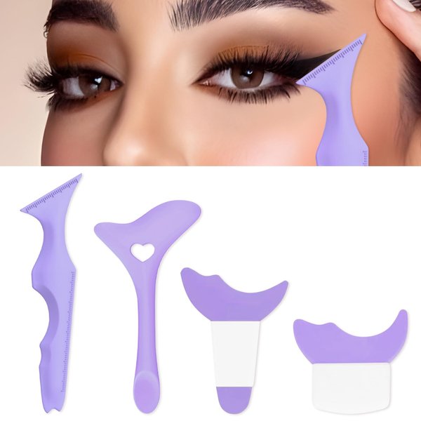 IDDFEVE 4Pcs Eyeliner Stencils, Silicone Winged Tip, Multifunctional Mascara Shield for Eyeshadow and Eyelashes, Professional &Quick Cat Eye Makeup Tool for Beginners (Purple)