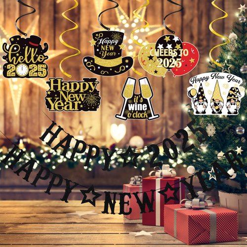 Black Glitter Happy 2025 Happy New Year Banner 2025 New Years Banner New Year Eve Banner 2025 Happy Nye Banner 2025 for New Years Eve Party Supplies 2025