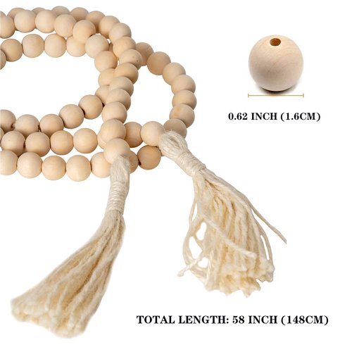 DECORKEY Farmhouse Wood Beads Garland Decor, 58 Inch Wooden Beads for Boho Home Decor with Tassels, Rustic Country Decor for Table, Wall, Shelf, Tray, Vase, Living Room, Bedroom, Summer