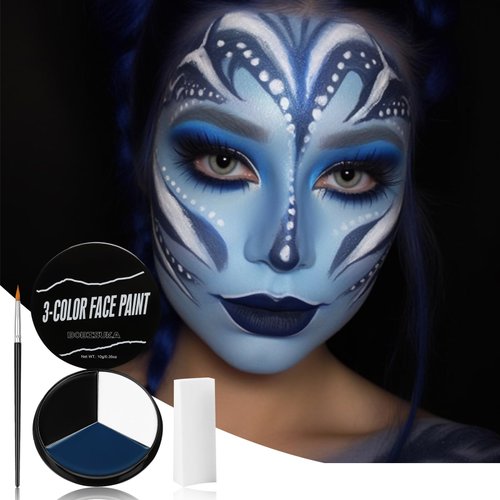 BOBISUKA White Black Blue Face Paint + 3PC Sponge + Brush Body Paint Set, Colored Eye Black for Baseball Softball Sport Games, Face Painting for Avatar Makeup, Halloween, Cosplay, Costume, SFX Special Effect and Theme Parties