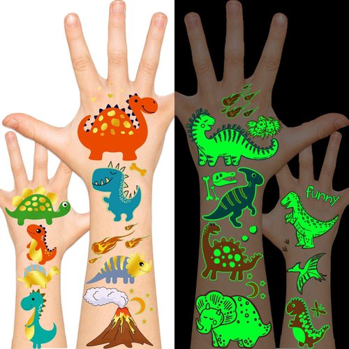 Leesgel Dinosaur Temporary Tattoos for Kids, Dinosaur Stickers, Dinosaur Birthday Party Supplies Decorations (37 Styles Glow + Metallic Glitter)