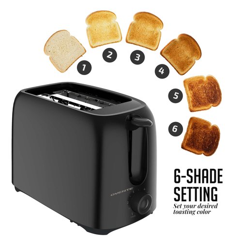 OVENTE Electric 2 Slice Toaster Machine with 6-Shade Toast Settings, 700W Power, Removable Crumb Tray and Compact Design Perfect for Toasting Bread, Bagels, Waffles and Puff Pastry, Black TP2210B
