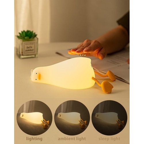 HAPPYBAG LED Lying Flat Duck Night Light, 3 Level Dimmable Nursery Nightlight,Cute Lamps Silicone Squishy Light Up Duck,Rechargeable Bedside Touch Lamp for Breastfeeding Toddler Baby Kids Decor