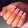 French Tip Press on Nails Medium Coffin Fake Nails with Heart Designs Pink Glue on Nails Cute Full Cover False Nails Rhinestone Acrylic Nails Glossy Stick on Nails for Women Nail Art Decorations