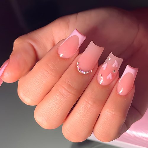French Tip Press on Nails Medium Coffin Fake Nails with Heart Designs Pink Glue on Nails Cute Full Cover False Nails Rhinestone Acrylic Nails Glossy Stick on Nails for Women Nail Art Decorations