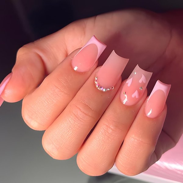 French Tip Press on Nails Medium Coffin Fake Nails with Heart Designs Pink Glue on Nails Cute Full Cover False Nails Rhinestone Acrylic Nails Glossy Stick on Nails for Women Nail Art Decorations