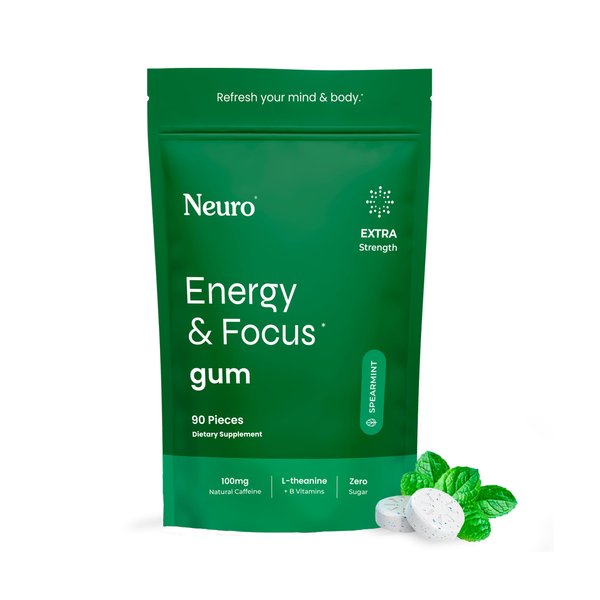 NeuroGum Extra Strength Energy & Focus Gum (Spearmint, 90 Pieces) | 100mg Natural Caffeine + L-Theanine + Vitamin B12 & B6 + Xylitol | Sugar Free Nootropic Cognitive Brain Performance Supplement
