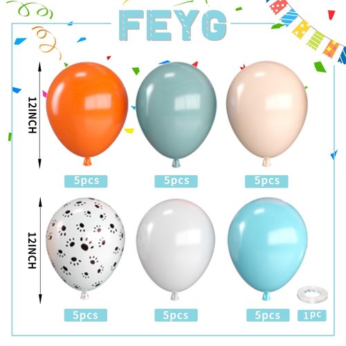 Dog Paw Orange and Blue Balloons,12 Inch Paw Print Orange Retro Blue Teal Ivory White Balloons with Ribbon,for Boys Paw Birthday Baby Shower Graduation Engagement Blue and Orange Party Decorations