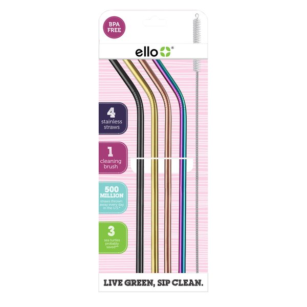 Ello Impact Stainless Steel Reusable Straws with Cleaning Brush, 4 Piece, Metallics