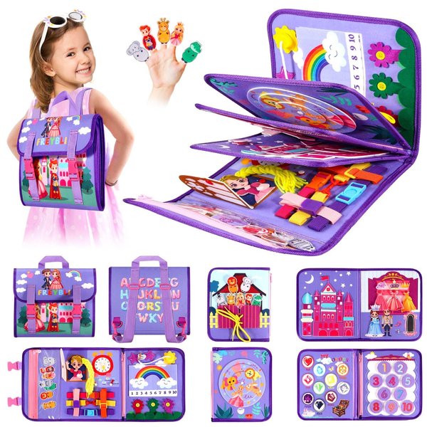 FREYBLI Toddler Busy Board Montessori Toys for 1-3 Year Old Girl Birthday Gift, Educational Learning Sensory Busy Book for Toddlers 1-3, Airplane Car Travel Activities Toy for Kids Ages 2-4