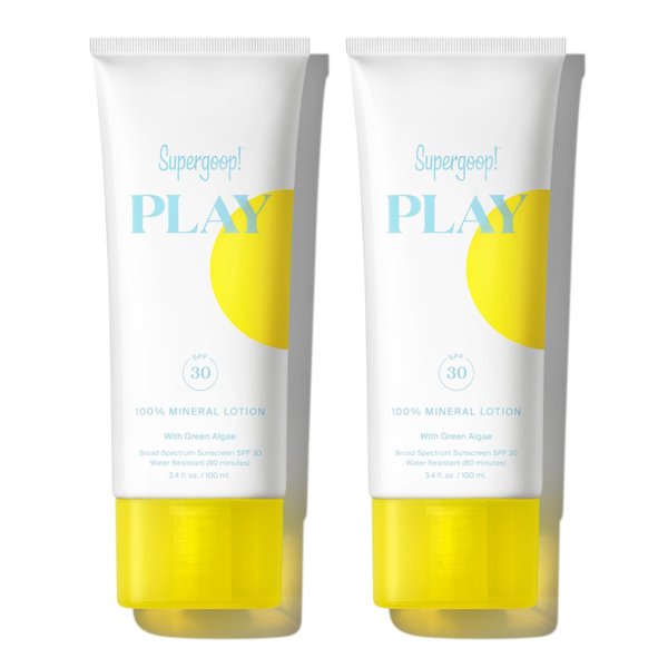 Supergoop! PLAY 100% Mineral Lotion - 3.4 fl oz, Pack of 2 - Broad Spectrum SPF 30 Sunscreen for Face & Body - Lightweight, Fast Absorbing, Water Resistant - With Green Algae