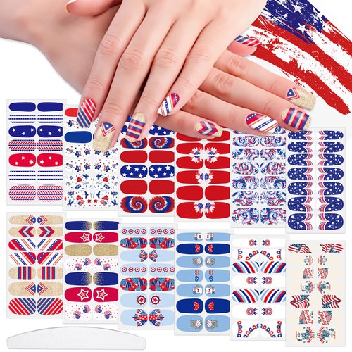 WOKOTO 12 Sheets 168 Pieces 4th of July Nail Polish Stickers Full Nail Wraps for Women Gel Nail Stickers Independence Day American Flag Nail Gel Wraps for Women Stick On Nails Polish Strips